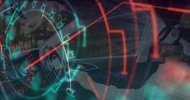 Sürücü direksiyonu tutuyor, otomatik veri için HUD grafiklerini devreye sokuyor. Gösterge paneli, araç, üst üste, arttırılmış, göstergeler, ızgara, hareket