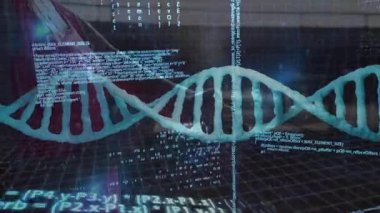 Turkuaz DNA sarmalları ızgara kayması, katman kodlama, kırmızıda saklanan kadın, laboratuvara yardım. Hologram, spiral, cyan, matrix, molekül, laboratuvar, fütürist