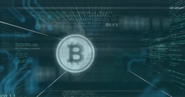 Tarayıcılar deniz mavisi koridorunda Bitcoin simgesi başlatıyorlar, çekiş kodu akışlarını titretiyorlar, işlemleri gösteriyorlar. Sikke, kripto, engelleme zinciri, dijital, siber uzay, neon, fütüristik