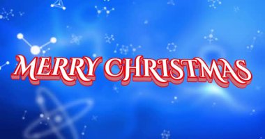 Kırmızı 3D harflerle yazılan Merry Christmas kar taneleri ve köknar ağaçları tatil için etrafta sürükleniyorlar. Şenlik, bayram, kutlama, kış, neşeli, mevsimlik, dijital