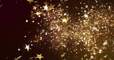 Ortadaki sağ patlama, altın konfeti bulutu oluşturan ışık yıldızları oluşturarak aşağıya doğru sürükleniyor ve parıldıyor. Altın, parıltı, bokeh, gradyan, soyut, şenlikli, hareketli