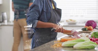 Mutfakta sebze doğrayan bir kadın, veri eğilimlerini gösteren animasyon teknolojisi çizelgeleri hazırlıyor. Aşçılık, mutfak, sağlık, veri görselleştirme, modern, işbirlikçi, besleyici