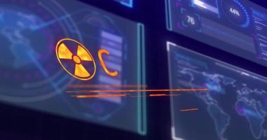 Açılış paneli, nükleer tehlike simgesini gösterirken göstergeler şekil değiştiriyor, acil eylem sinyali veriyor. Gelecekçi, dijital, alarm, teknoloji, veri, görselleştirme, güvenlik