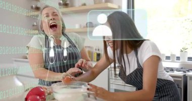 Ana rehberlik eden kız, teknolojide ağ bağlantıları oluşturan ikili haneli rakamlar göstererek yumurta kırıyor. Aile, akıl hocalığı, aşçılık, teknoloji, yaratıcılık, bağlanma, dijital