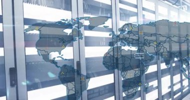 Harita zayıflıyor, kamera görüntüleme yaparken raflarda düğümleri birbirine bağlayan yüksek çözünürlüklü darbelere neden oluyor, ağı gösteriyor. Veri tabanı, sunucu, üst üste, yansıtıcı, cam, altıgen, veri