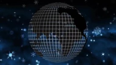 Kablo küresi sağa doğru dönüyor, kar taneleri sürükleniyor ve kış gecesi için ışıklandırma şebekesi oluşturuluyor. Dijital, teknoloji, fütüristik, soyut, görselleştirme, küresel, yenilik