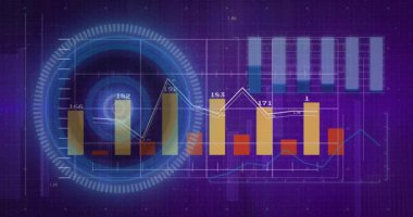 Radar darbesiyle başlayan HUD, çubuk ve trend çizgilerinin canlandırılması, izleme için numaraların güncellenmesi. Gösterge paneli, görselleştirme, analitik, fütürist, mor, neon, histogram