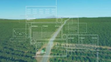 Toprak yolda ilerleyen İHA AR örtülerine başlıyor, yeşil ve koyu renkli birimler ortaya çıkıyor, ekinleri izliyor. Hava, meyve bahçesi, kesinlik, tarım, analitik, görselleştirme, agtech