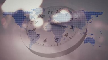 Çalmada analog saat elleri saat yönünde hareket ederken işaret fişekleri küresel zamanı gösterir. Zaman dilimi, küre, nokta haritası, bokeh, parallax, çift pozlama, hareket