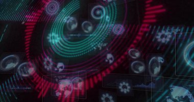 Gösterge panelinde titreşimli veri halkaları, yarısaydam paneller, küreler, dalga formları ve radyal çubukları gösteriyor. Fütürist, soyut, teknoloji, arayüz, görselleştirme, dijital, modern