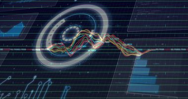 HUD ile kesişen renk dalgaboyu grafiği, veri etiketleri ile dairesel holografik görüntüleme. Futuristik, teknoloji, dijital, arayüz, görselleştirme, veri, devre