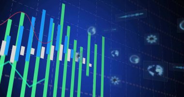 Yeşil, mavi çubuklar, mavi ızgara panelinde yükselen şamdanlar, kırmızı trend çizgisi ve simgeler. Veri görselleştirme, dijital gösterge paneli, analitik arayüz, teknoloji, finans, veri analiz