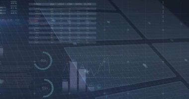Izgara düzlemi üzerinde yüzen şeffaf gösterge paneli çizgi grafiği ve çubuk grafiği gösteriliyor. Fütürist, holografik, analitik, veri, görselleştirme, arayüz, teknoloji