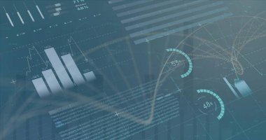Gösterge paneli, çubuk ve çizgi grafiklerini göktaşı ızgarası, ağ diyagramı ve radyal göstergelerde gösteriyor. Analizler, görselleştirme, veri, yenilik, teknoloji, dijital arayüz