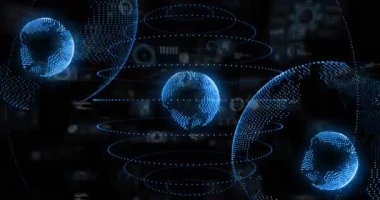 Veri açılışı, merkez mavi noktalı dünya paneller görünürken dönüyor, kod akışı HUD 'yi gösteriyor. Holografik, küreler, yörünge, gösterge panelleri, paneller, kod, akarsular