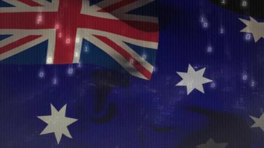 Canton 'da ortaya çıkan ikili sütunlar dijital yağmurlar, dalgalanan Avustralya bayrağı yansıtma şebekesi. Avustralyalı, sendikacı, güney çapraz, halk yıldızı, vatansever, yakın plan, dalgalı