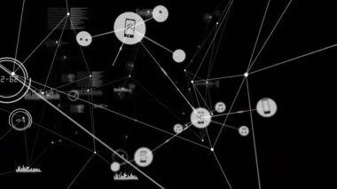 Beyaz çizgiler, ortaya çıkan sayı çemberi, telefon ve müzik simgeleri gruplandırma, genişleyen ağa bağlanma. Soyut, teknoloji, bağlantı, veri görselleştirme, dijital, ağ, yenilik