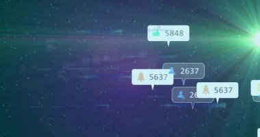 Yeşil mercek parlaması ikon baloncukları oluşturur. Güncellemeleri gruplandırır. Sola kayan sayılar verileri gösterir. Siber uzay, nebula, holografik, arıza, neon, ağ, metrik