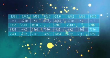 Mavi nebula küreleri üzerinde görünen sayısal ızgara ızgara içinde sürüklenerek kısmen veri gösteren hücreleri gizliyor. Soyut, görselleştirme, parçacıklar, parıltı, bokeh, küre, boşluk