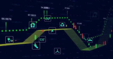 Sarı kurdelenin ortaya çıkması kurdelenin yükselmesini tetikliyor, yeşil noktalar boyunca gruplanan ikonlar canlı veri gösteriyor. 3D, analitik, gösterge paneli, görselleştirme, arayüz, şamdanlar, ağ
