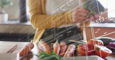 Dijital şemalar, havuç düzenleyen ve brokoli çiçeklerini yemek için ayıran bir kadın gibi görünüyor. Sebzeler, mutfak, aşçılık, sağlık, modern, hazırlık, organik