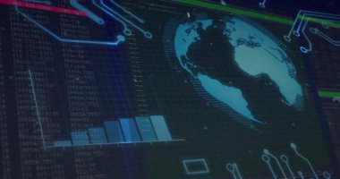 Çubuk çizelgesi yükselirken ve kod kaydırırken canlı veri akışını gösterirken, Cyan küresi dönüyor. Holografik, gösterge paneli, görselleştirme, arayüz, telemetri, analiz, ızgara