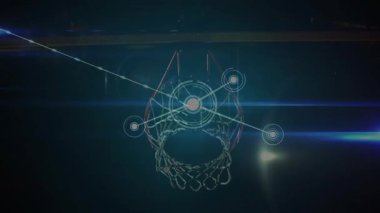 Erkek oyuncu topu çembere doğru kaldırıyor, HUD düğümleri spor analitiği için yolu genişletiyor ve analiz ediyor. Tel çerçeve, halka, neon, parıltı, yörünge, veri, arena