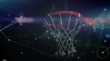 Basketbol sahası ve net pas veren topa tepki veriyor, esniyor ve sallanarak teknolojik HUD 'u vurguluyor. Hoop, ağlar, püsküller, neon, holografik, hareketli grafikler, devreler