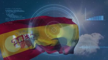 Güneş parlaması İspanyol bayrağını dalgalandırıyor, HUD 'nin arkasında kıvrılarak ibiği ve çubuk grafiğini gösteriyor. Amblem, sembol, kumaş, veri, görselleştirme, kaplama, parçacık