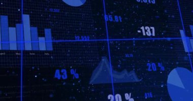 Kameranın veri gösterge paneli boyunca başlaması, aylık KPI 'leri gösteren numaraları güncelleyen çizelgeleri gösterir. Analizler, arayüz, ızgara, geleceksel, mavi, neon, dijital