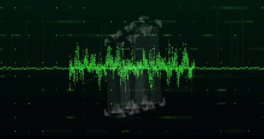 Noktalı çizgi titreşmeye başlıyor. Dalgalanan kuleler şekilleniyor ve verileri görüntülüyor. Neon, holografik, fütüristik, görselleştirme, gösterge panelleri, çizgiler, modüller