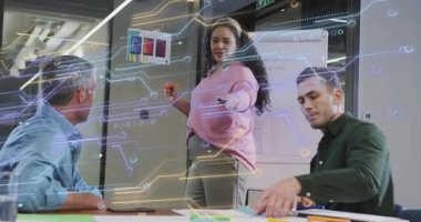 Kadın tahtayı işaret ediyor ve kağıt değiş tokuşuna başlıyor. İş görüşmeleri için teknoloji örtüsüyle konuşuyorlar. Ofis, toplantı, iş arkadaşları, beyaz tahta, çizelge, belgeler, devre