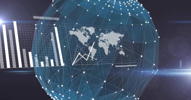 Kontrol merkezinde bağlantı, harita, çizgi ve çubuk grafikleri ve lens parlamaları olan ağ küresi gösteriliyor. Gelecekçi, görselleştirme, holografik, siber, dijital, yüksek teknoloji, veri