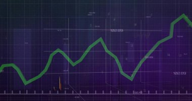 Piyasa grafiğinde sayısal etiketler ve 3D eksenlerle dalgalanmaları gösteren yeşil çizgi grafiği gösteriliyor. Finans, analitik, veri görselleştirme, teknoloji, yatırım, dijital, iş