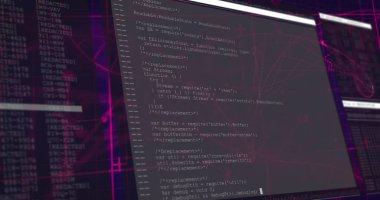 Terminal ve neon pembe ağ ızgarası ile JavaScript kodunu çalıştıran kod düzenleyicisi gösteriliyor. Teknoloji, siber güvenlik, fütüristik, dijital, veri, arayüz, arayüz tasarımı