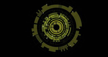 Dönen dairesel arayüz, halka, kavisler, çubuklar ve parlayan fişeklerle dijital uzayda titreşiyor. Fütürist, teknoloji, arayüz, bilim kurgu, dijital, soyut, veri görselleştirme