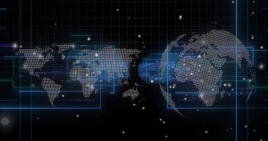 Noktalı düz dünya haritası gösteriliyor ve sanal arayüz ve neon şebekeye bağlanan üç boyutlu dünya noktası. Veri, görselleştirme, fütüristik, siber uzay, bağlantı, düğümler, parlaklık