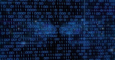 Mavi ikili sıfırlar ve birlerden oluşan akış matrisi, ızgara çizgileri ve haritaları gösteriyor. Neon, siber, veri, kod, parıltı, holografik, görselleştirme