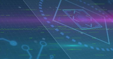 Altıgen yapay zeka, holografik ızgarada kesik bir yüzükle parlıyor, neon çizgileri veri noktaları. Fütürist, dijital, arayüz, neon, teknoloji, soyut, veri