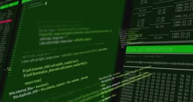 Koyu çerçeve çekme, yeşil UI kod paneli ve Dosya İnceleme paneli, izleme hizalaması. Siber güvenlik, kriptografi, gösterge paneli, arayüz, konsol, altıgen, veri