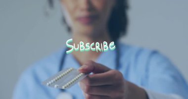 Hemşirenin etrafında steteskop hapları tutan pastel çizgiler gösteren abone olun. Tıbbi, sağlık, eczane, sağlık, teşhis, profesyonel, hasta bakımı