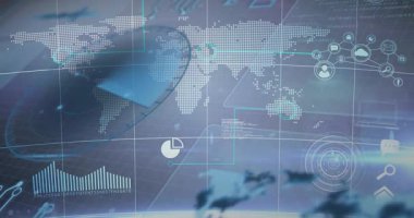 Noktalı dünya haritasında, sol alttaki süpürüp veri bağlantılarını gösteren 3 boyutlu yarı saydam kama. Küresel, projeksiyon, hud, gösterge paneli, görselleştirme, gerçek zamanlı, dijital