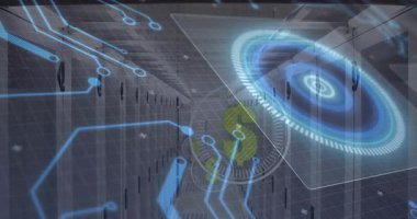 Şebeke görünümü, HUD zayıflama, halka darbeleri, dolar oluşumu, sunucu rafları üzerindeki devrelerin haritalama maliyeti. Veri tabanı, holografik, fütüristik, neon, görselleştirme, fiyatlandırma, koridor