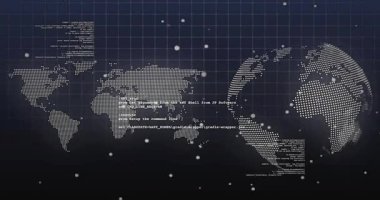 Yük noktalı küre üzerinde dönen düz harita, kod kaydırma, veri gösteren noktalar. Küre, ızgara, parçacıklar, analiz, torpido, arayüz, holografik