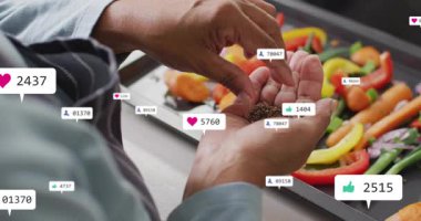 Ev aşçısının elleri sebzelerin üzerine tohum serpiyor, sosyal medya nişan ikonlarını yükseltiyor. Mutfak, katılım, dijital, mutfak gereçleri, canlı, başarı, beslenme