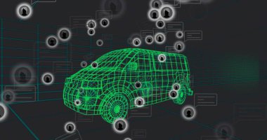 3 boyutlu ızgara tünelinde hareket eden neon yeşil kablo karavanı, Avatar baloncuk düğümleriyle görüntüleniyor. Siber uzay, telemetri, ağ, bağlantı, görselleştirme, arayüz, fütüristik