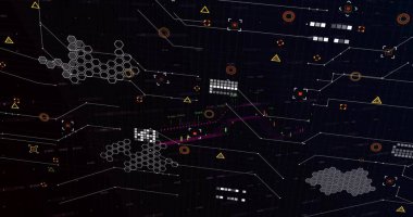 Karanlık ızgarada ağ grafiği gösteriliyor, büyü kümeleri, şamdanlar, turuncu halkalar, morumsu çizgiler. Gelecekçi, gösterge paneli, analitik, görselleştirme, bal peteği, devreler, neon