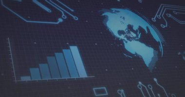 Dijital gösterge panelinde stilize edilmiş küreyi gösteriyor, yükselen çubuk grafiğine bağlanıyor, kopyalama alanı. Dünya, ızgara, devre, veri, analiz, arayüz, holografik