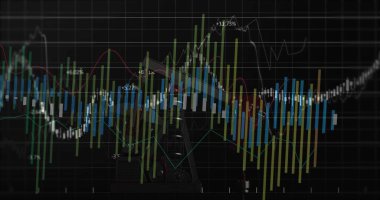 Karanlık ticaret terminalinde pazar grafiği gösteriliyor, şamdanlar, trend çizgileri, yağ pompası krikosu. Finans, veri, gösterge paneli, histogram, enerji, meta, analitik