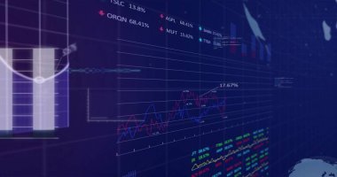 Kırmızı ve mavi çizgili, mor sütun işaretli, eğri gösterge panelinde çok serili grafikler gösteriliyor. Neon, analitik, veri, görselleştirme, ticaret, fütürist, dünya